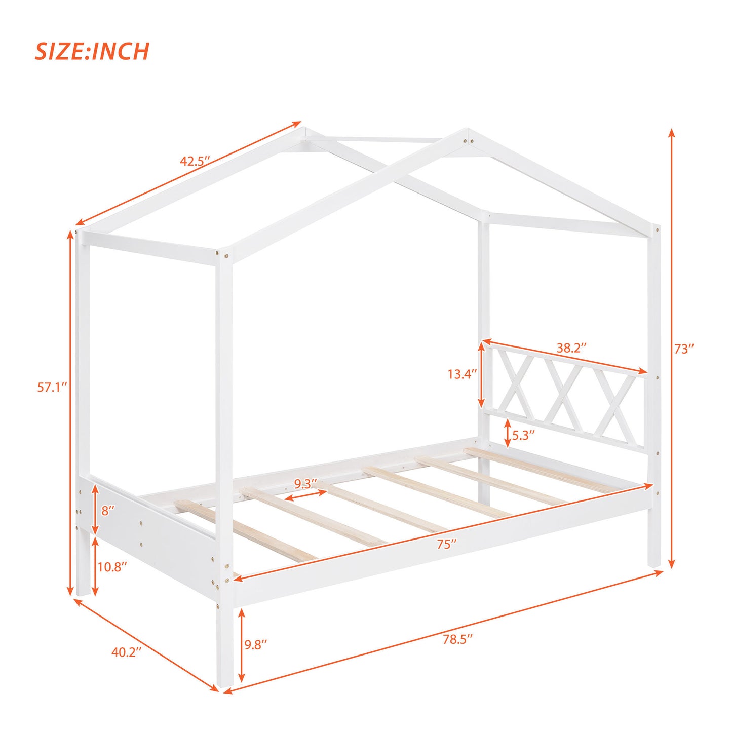 Twin Size Wood House Bed with Storage Space, White