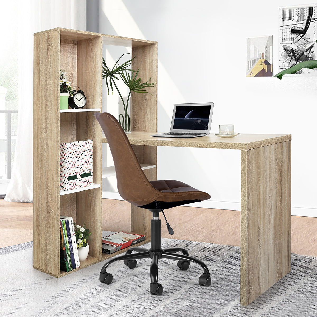 Innovative L-Shaped Oak Computer Desk with Flexible Shelves