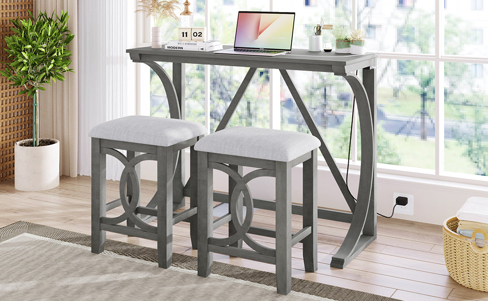 Farmhouse 3-Piece Counter Height Dining Table Set with USB Port and Upholstered Stools,Gray