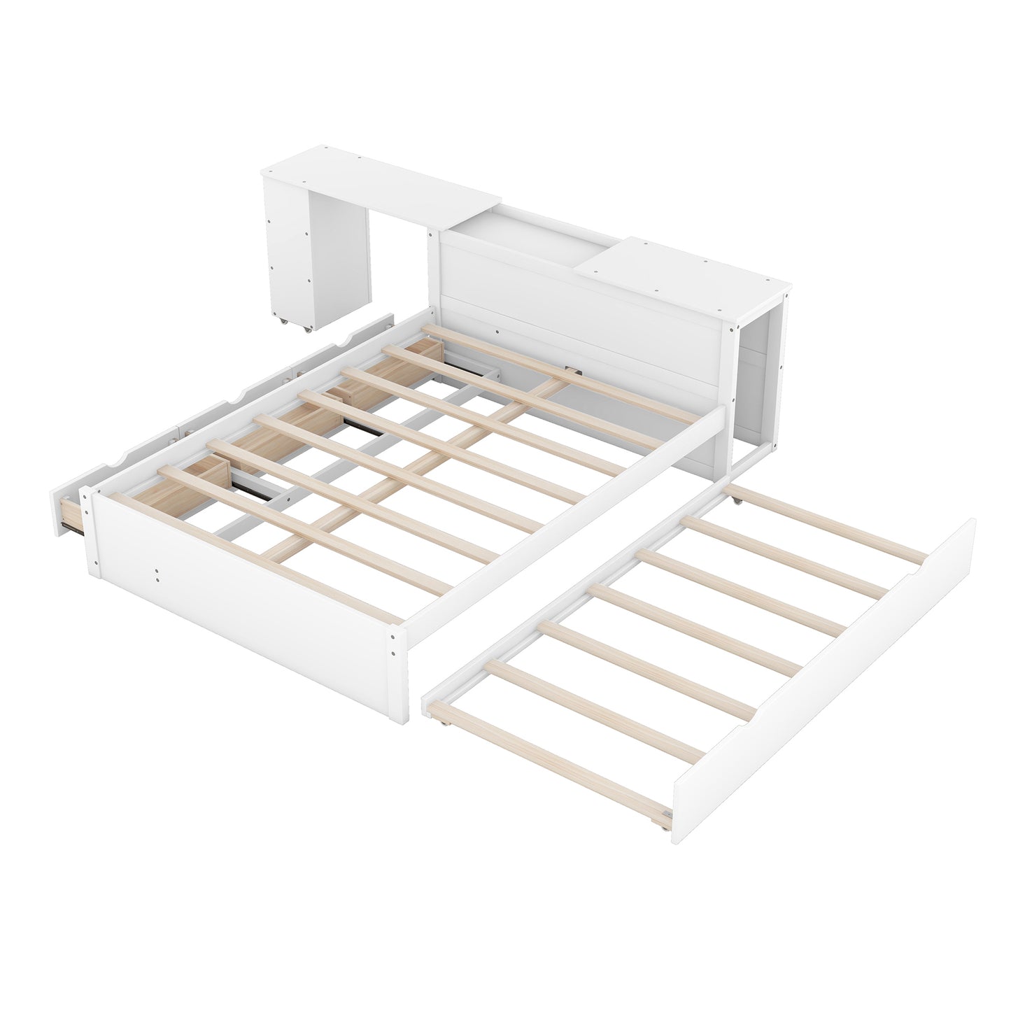 Full Size Platform Bed With a Rolling Shelf, White