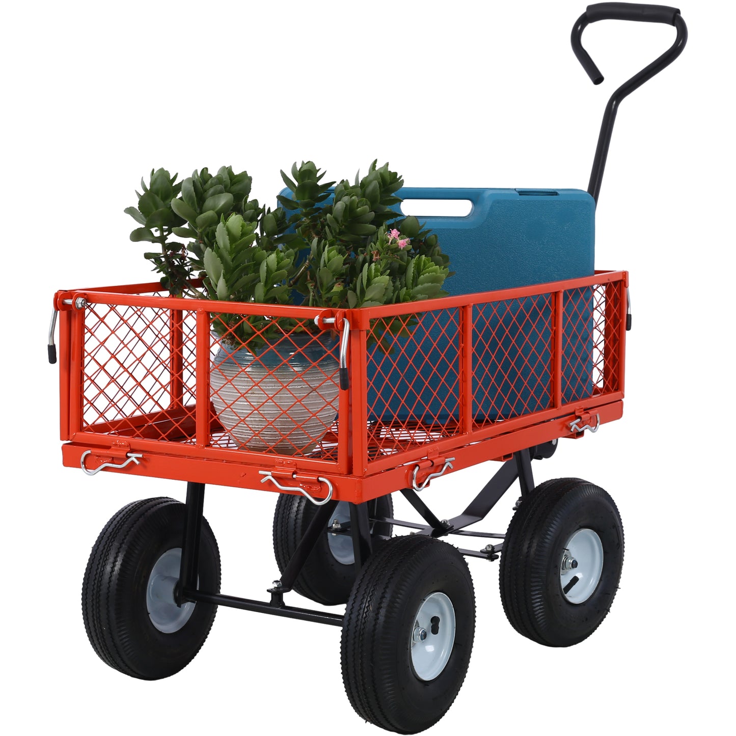 Steel Garden Cart, Steel Mesh Removable Sides, 3 cu ft, 550 lb Capacity, red
