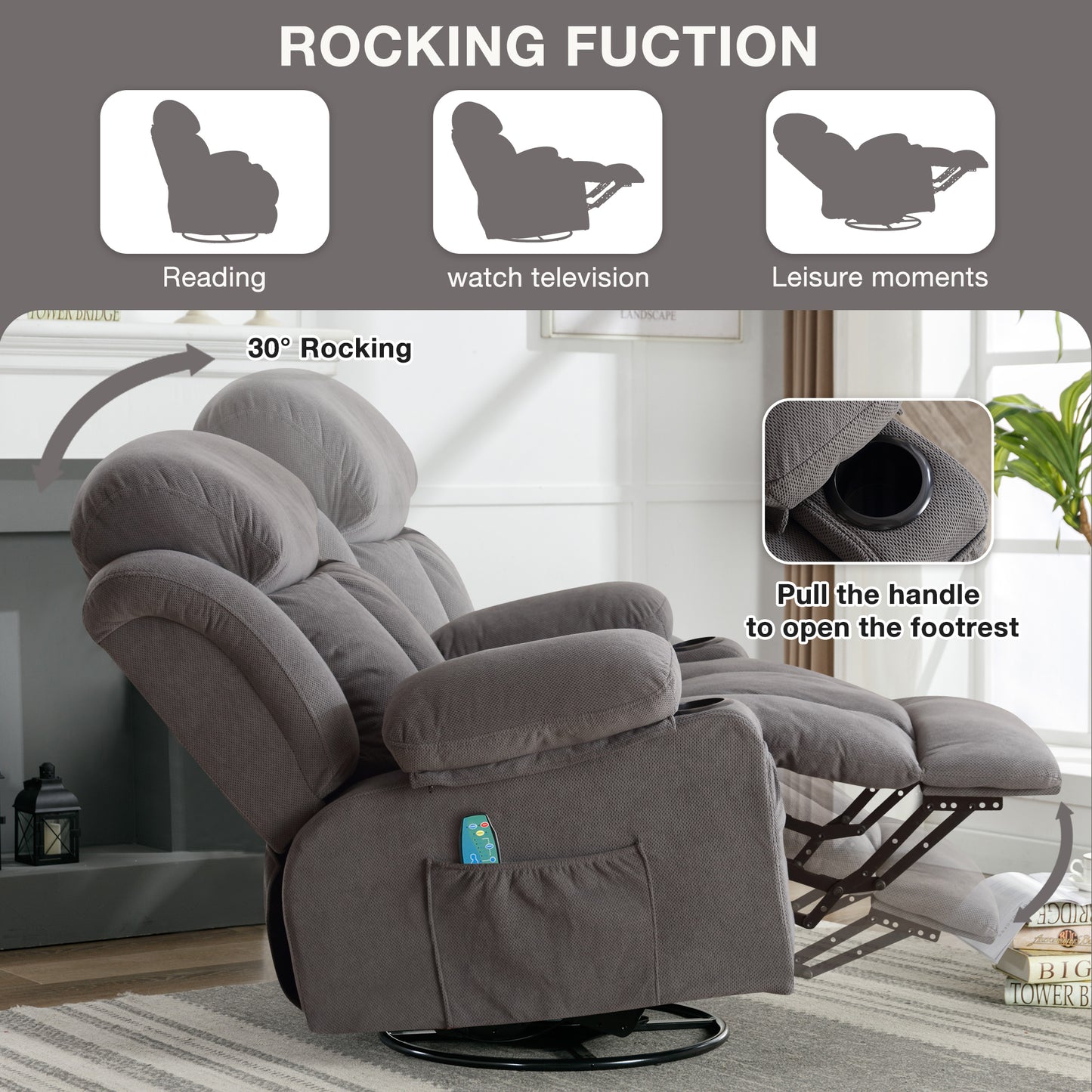 Swinging Recliner Massage Heated Sofa with USB and Cup Holders in Luxurious Grey Velvet