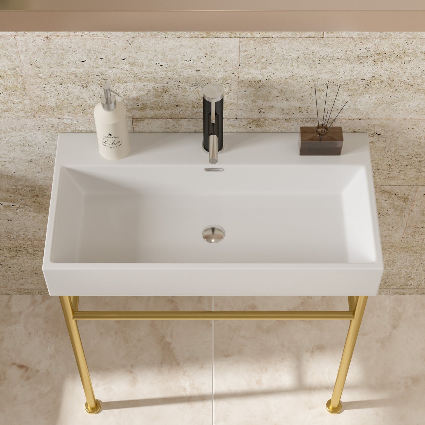 30" Bathroom Console Sink with Overflow,Ceramic Console Sink White Basin Gold Legs