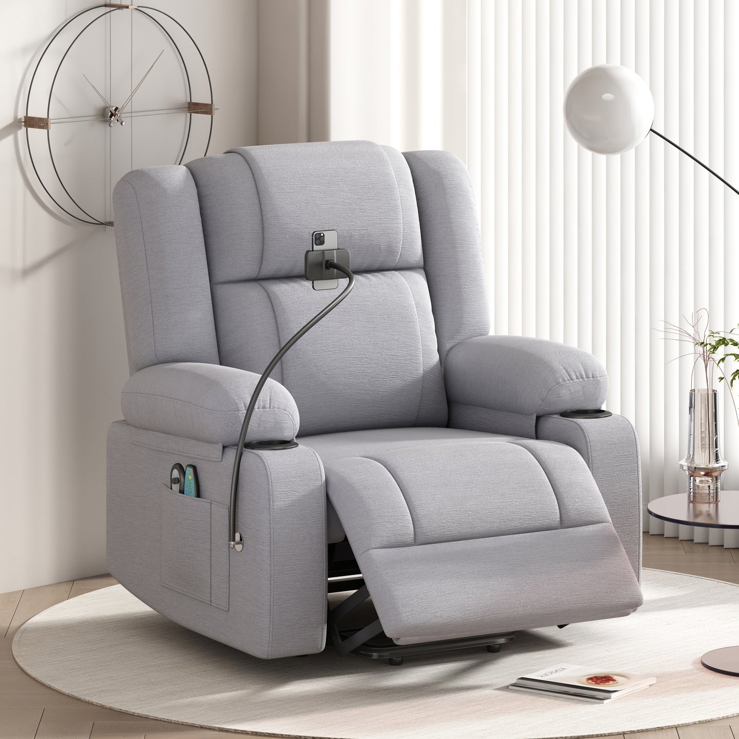 Grey Electric Power Lift Recliner Chair with Massage, Heat, Storage, and Swivel Phone Holder