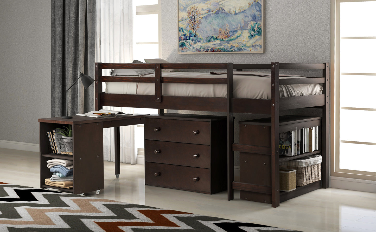 Low Study Twin Loft Bed with Cabinet and Rolling Portable Desk - Espresso