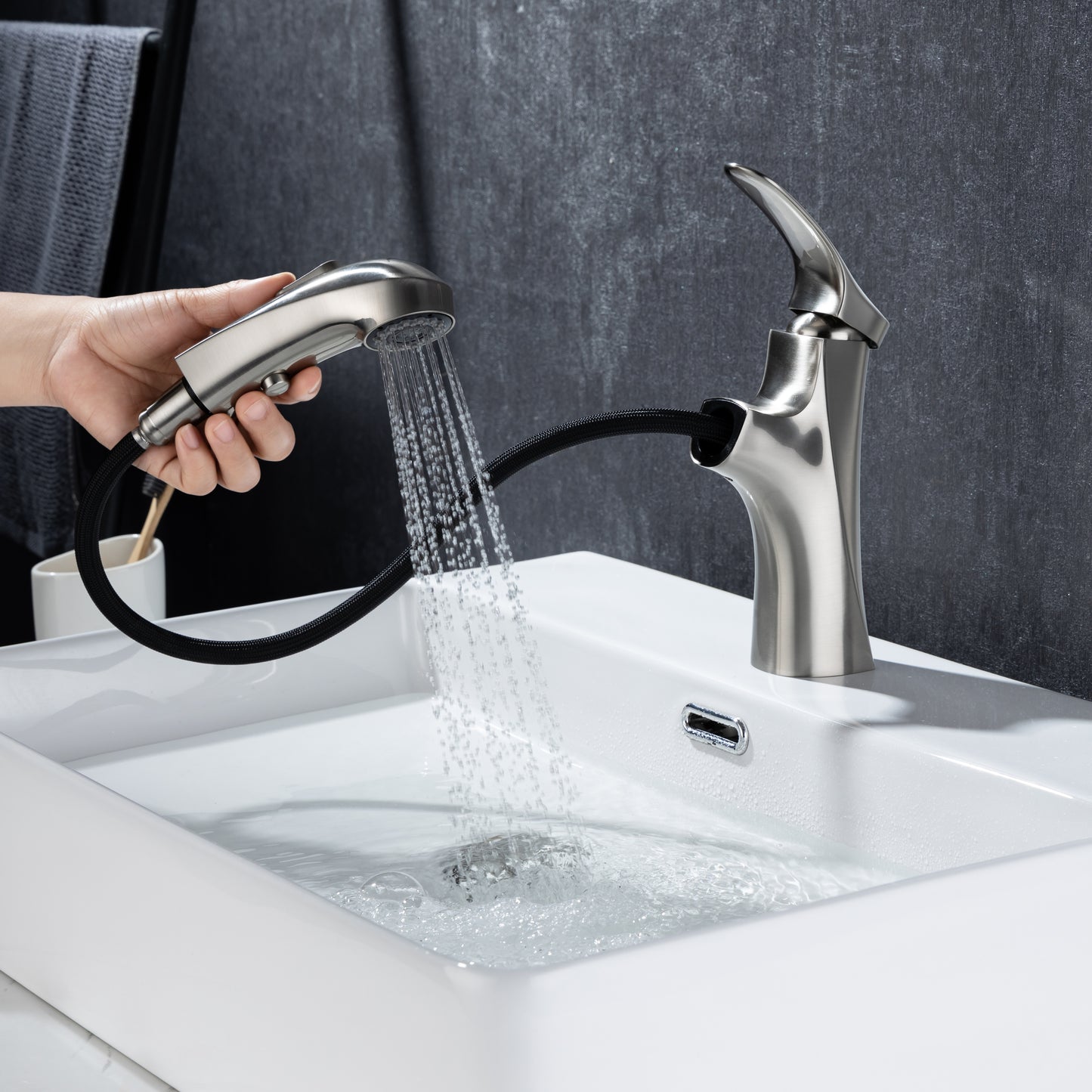 Modern Brushed Nickel Bathroom Faucet with Pull Out Sprayer and Single Handle