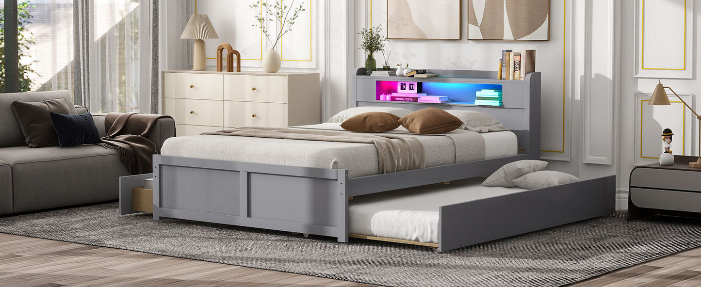 Queen Size Wood Storage Platform Bed with LED, 2 Drawers and 1 Twin Size Trundle, Gray