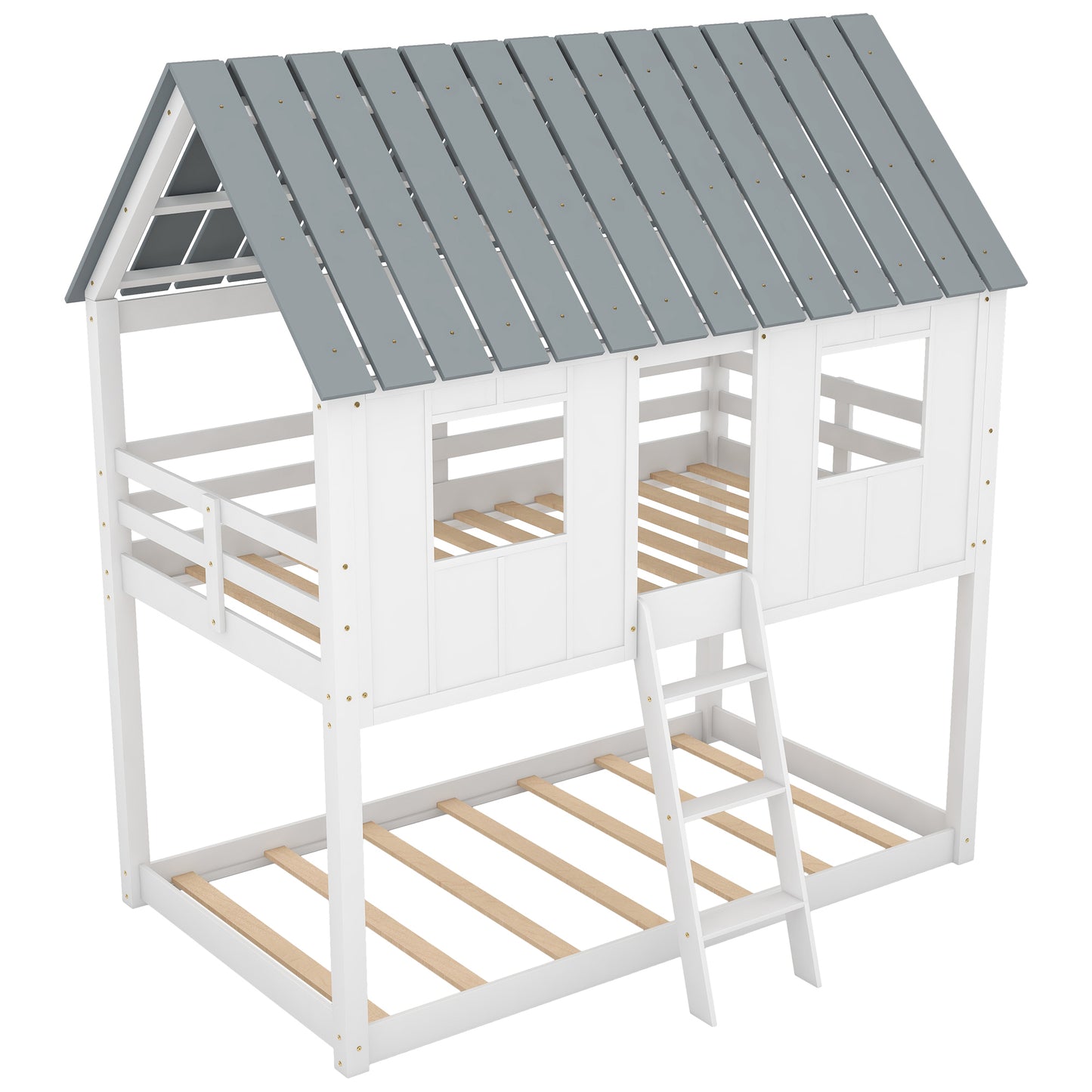 Barnyard Style White Twin Bunk Beds with Roof and Fence Guardrail