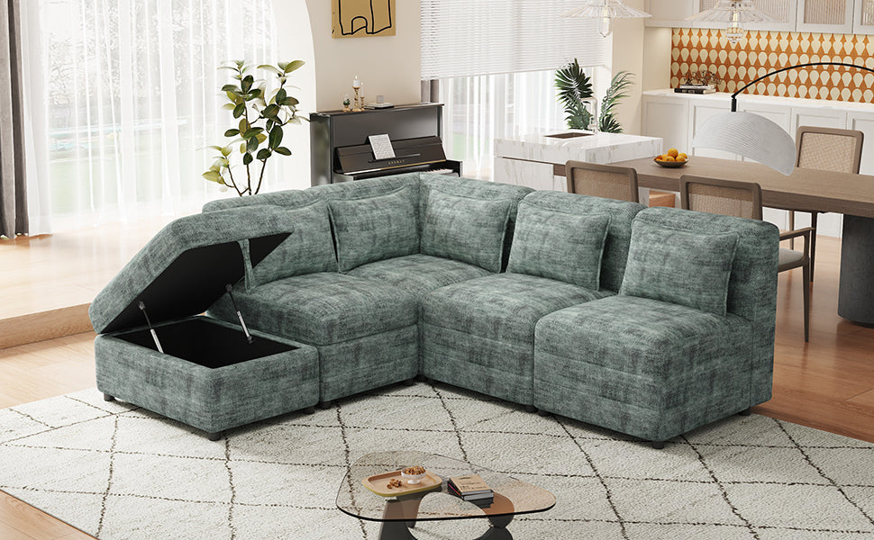 Endless Lounge Creations: Free-Combined Blue-Green Sectional Sofa with Storage Ottoman and 5 Pillows