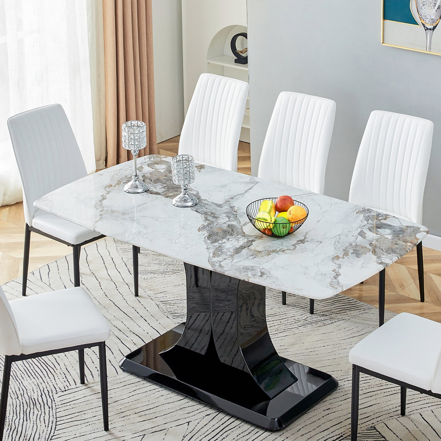 Faux Marble Dining Table Set with Convertible Base, Luxury Rectangular Kitchen Table for 6-8, Modern White Faux Marble Dining Room Table with MDF Base, Dining Table & 6 Chairs