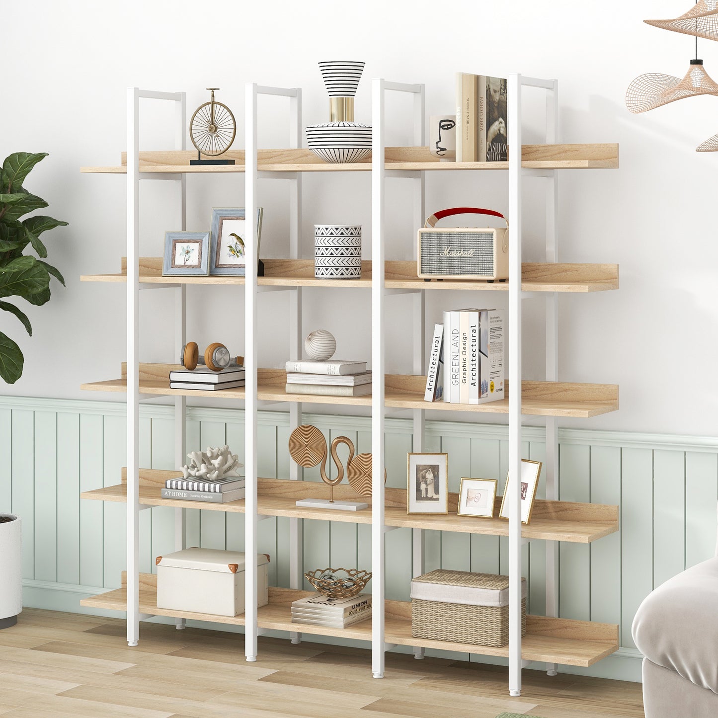 5 Tier Bookcase Home Office Open Bookshelf, Vintage Industrial Style Shelf, MDF Board, White Metal Frame, Oak