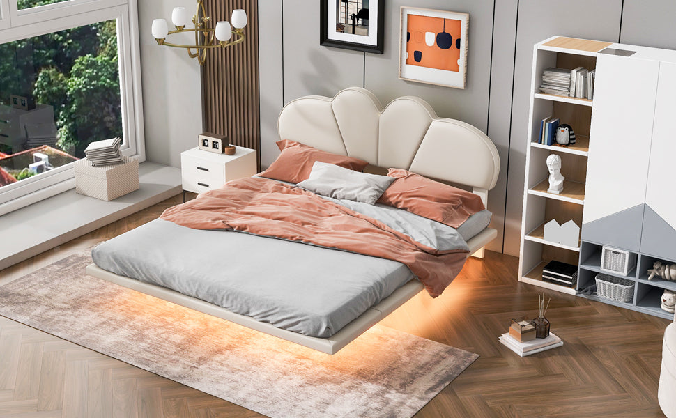 Full Size Upholstery LED Floating Bed with PU Leather Headboard and Support Legs,Beige