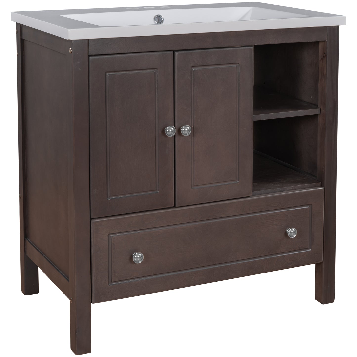 30" Bathroom Vanity with Sink, Bathroom Storage Cabinet with Doors and Drawers, Solid Wood Frame, Ceramic Sink, Brown