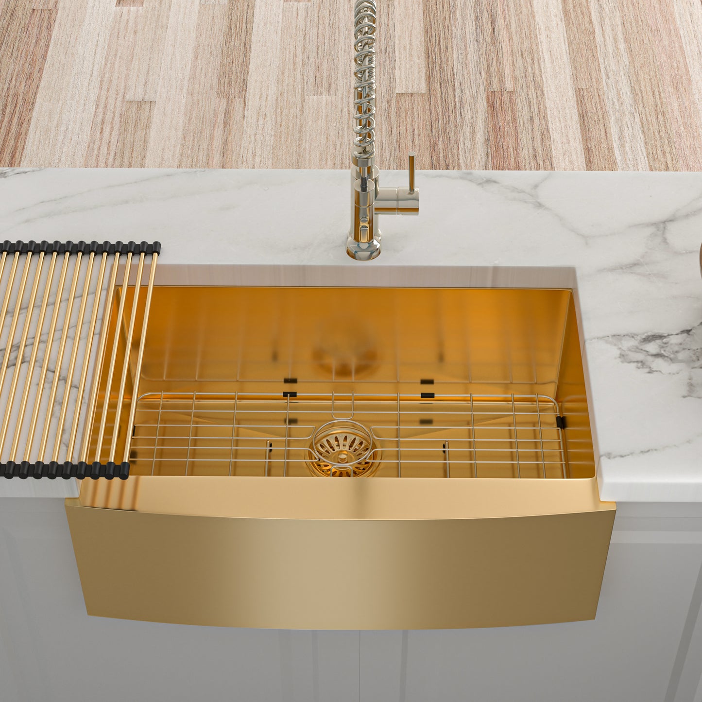 36 Gold Stainless Steel Farmhouse Kitchen Sink with Nano-PVD Gold Finish