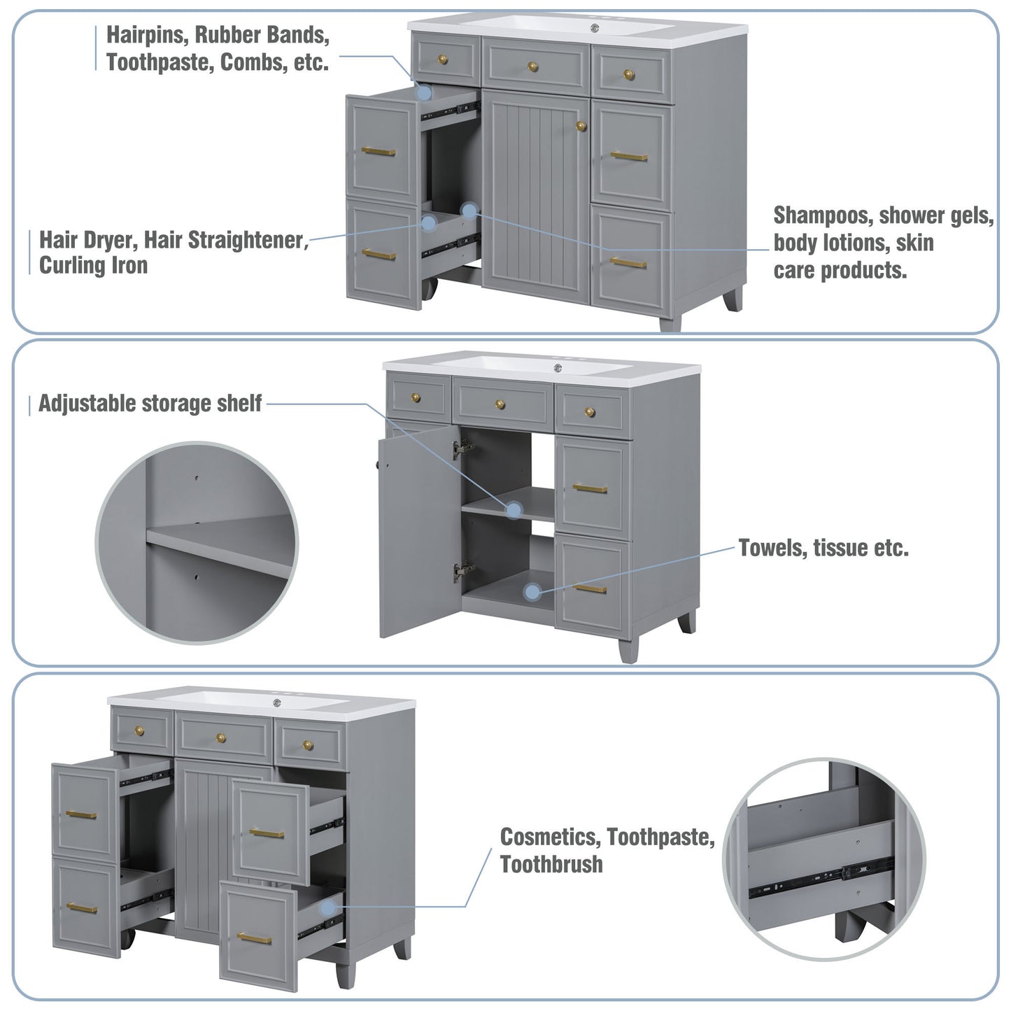 36" Bathroom Vanity Cabinet with Sink Top Combo Set, Grey, Single Sink, Shaker Cabinet with Soft Closing Door and Drawer