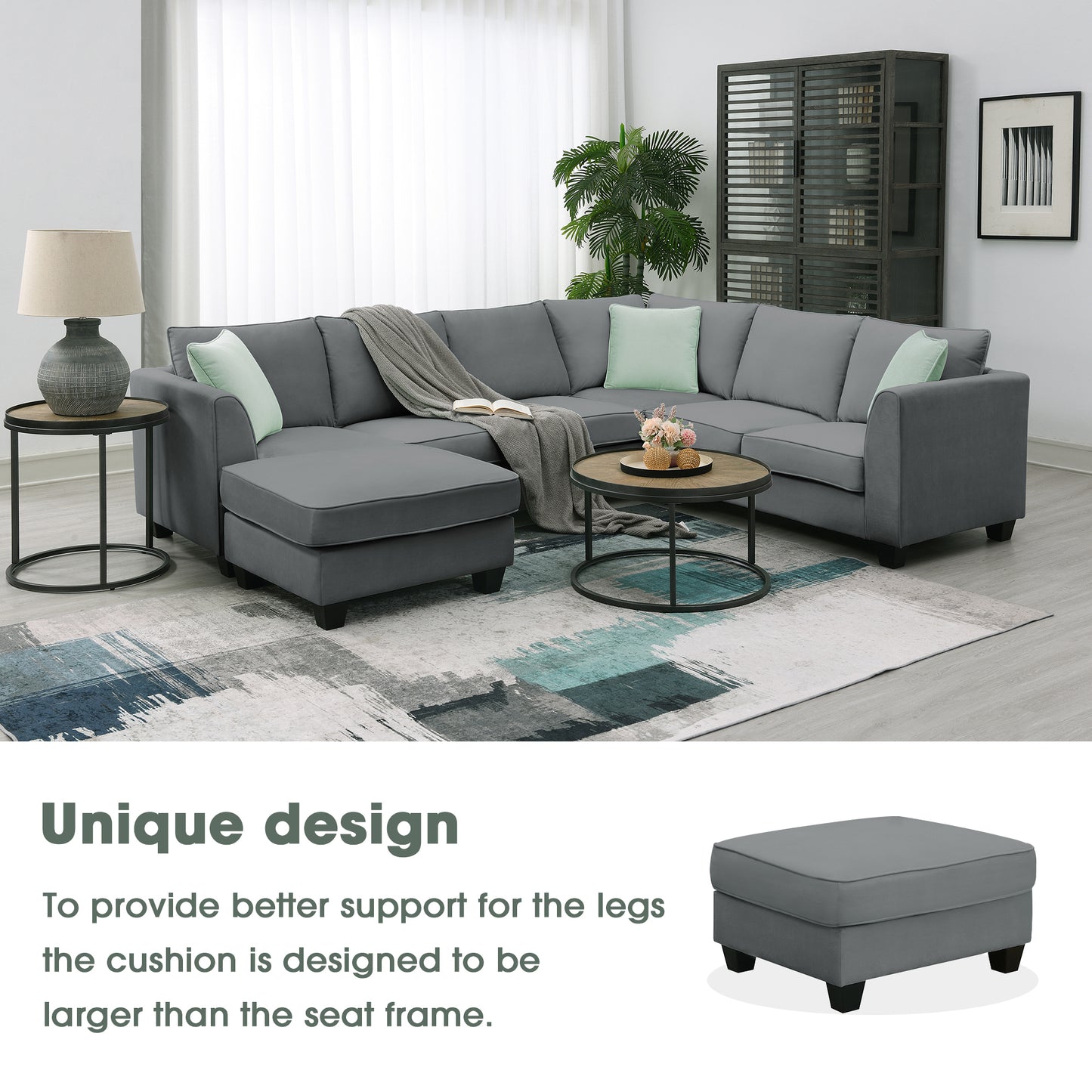 7-Seat Modular Sectional Sofa with Ottoman and Pillows - Grey (New GS008210AAG)