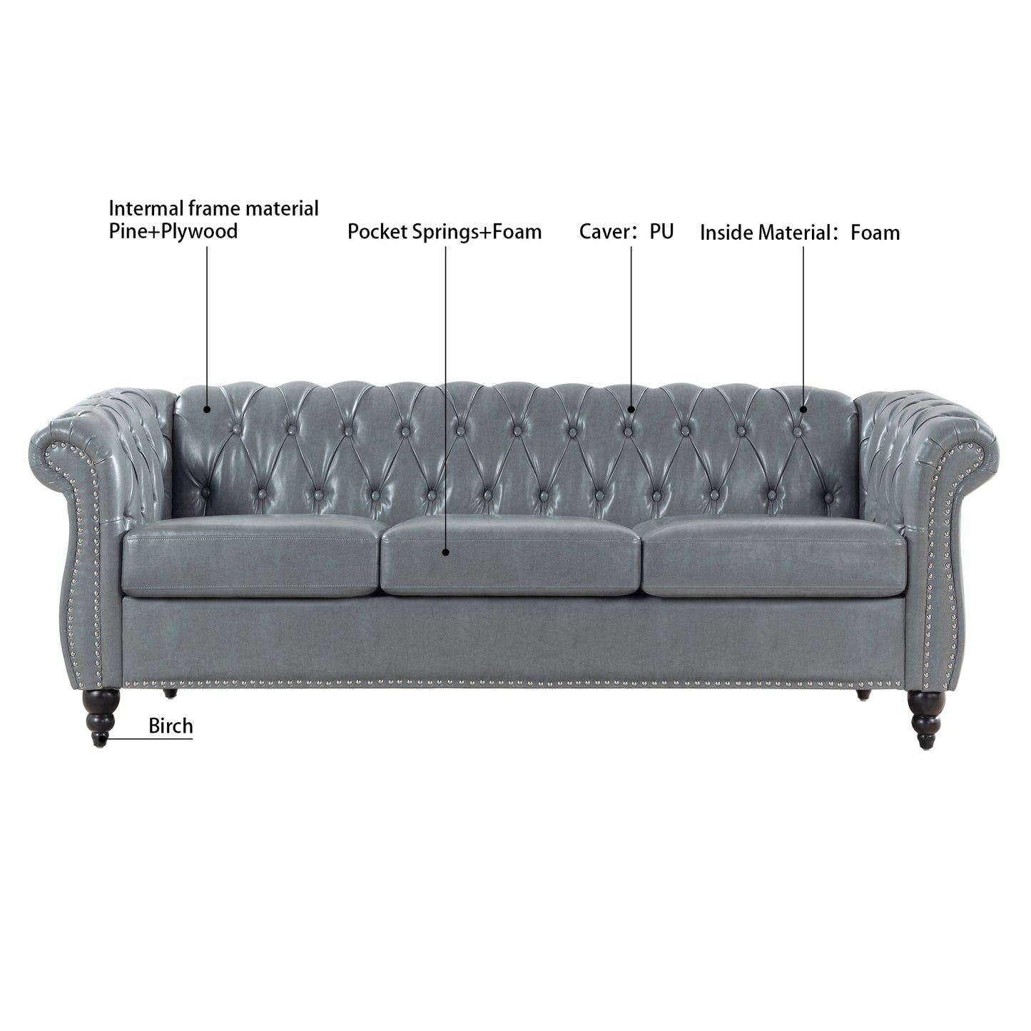 84.65 Inch 3-Seater Rolled Arm Chesterfield Sofa with Deep Buckles and PU Leather Fabric