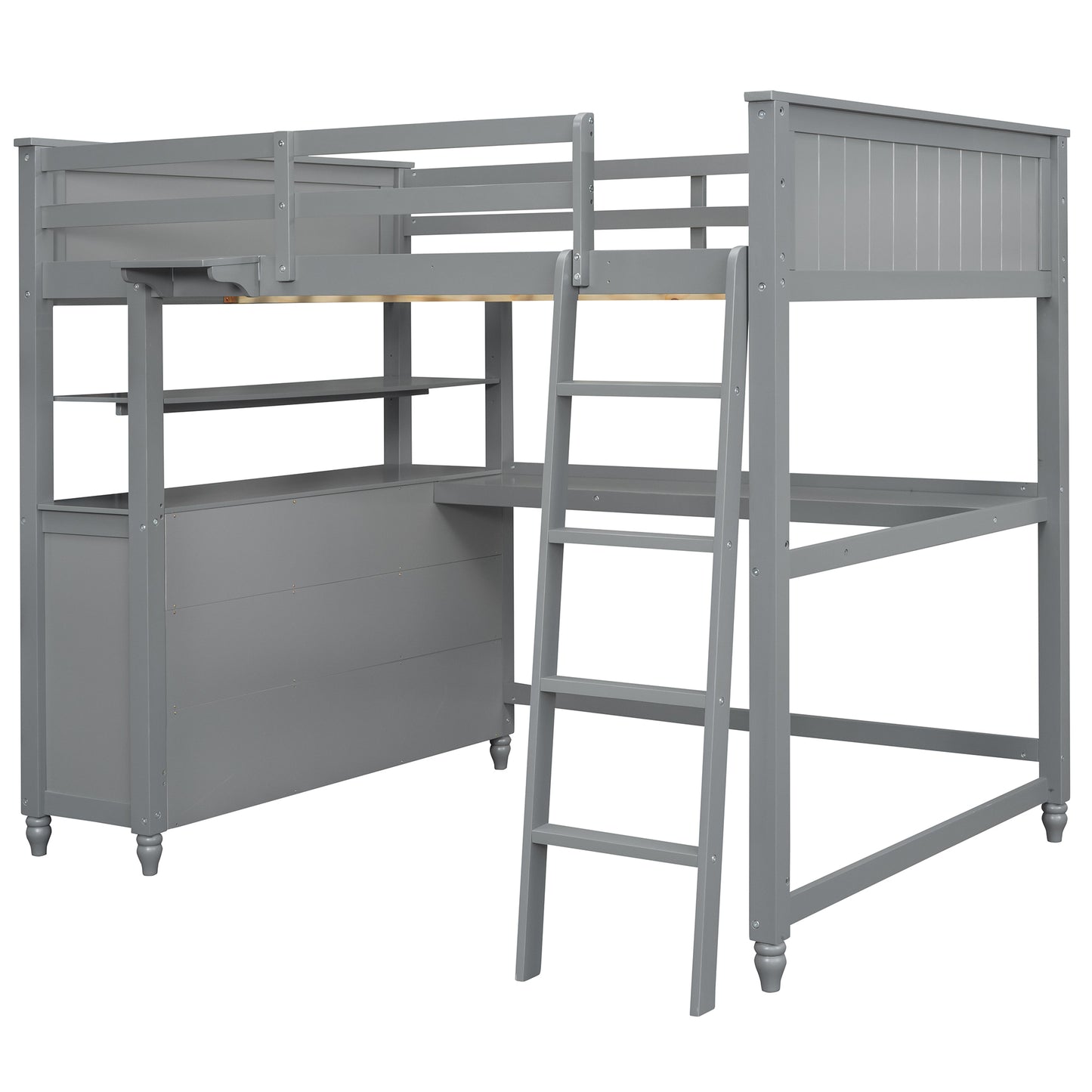 Full size Loft Bed with Drawers and Desk, Wooden Loft Bed with Shelves - Gray