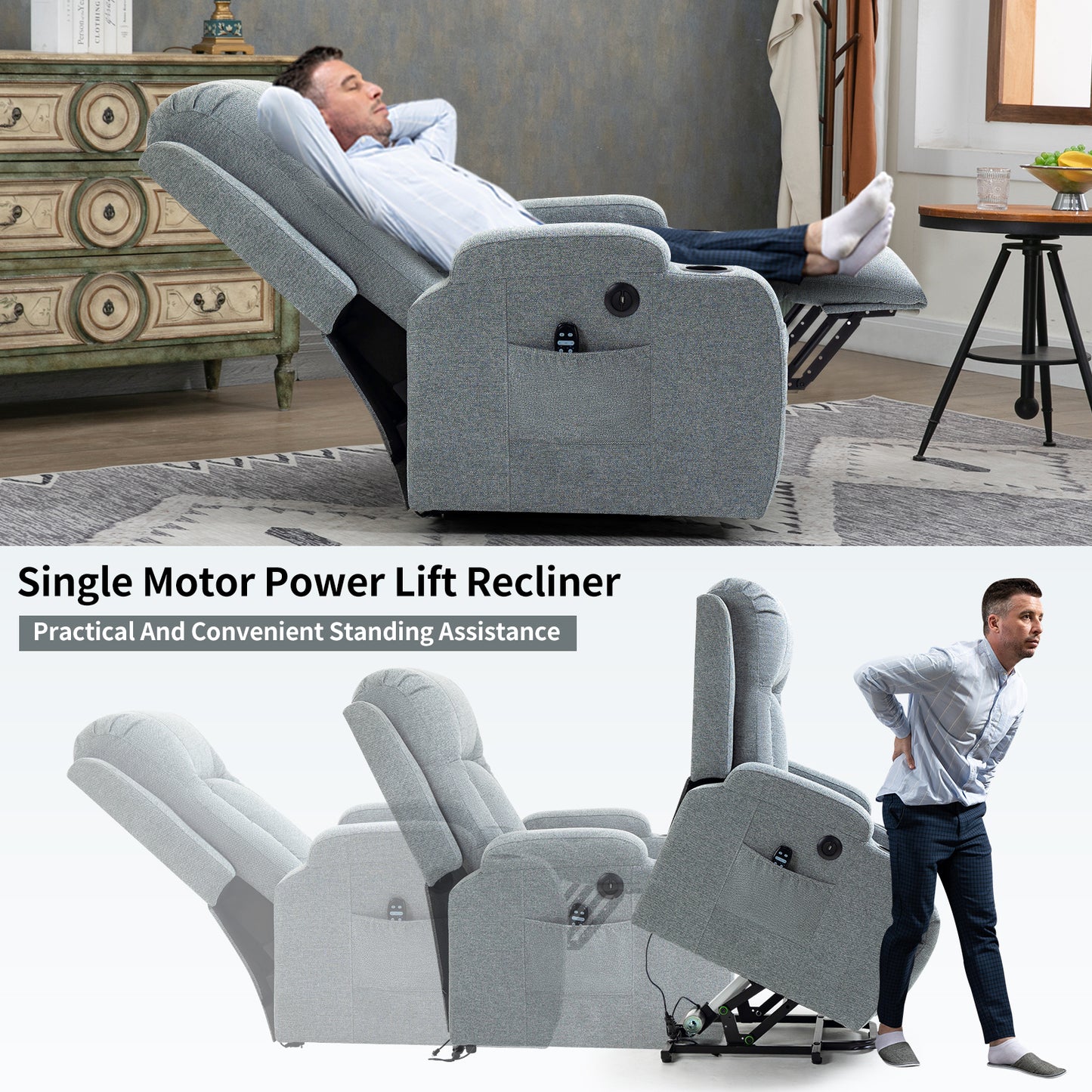 Infinite Position Okin Motor Power Lift Recliner Chair with Massage and Heating - Grey