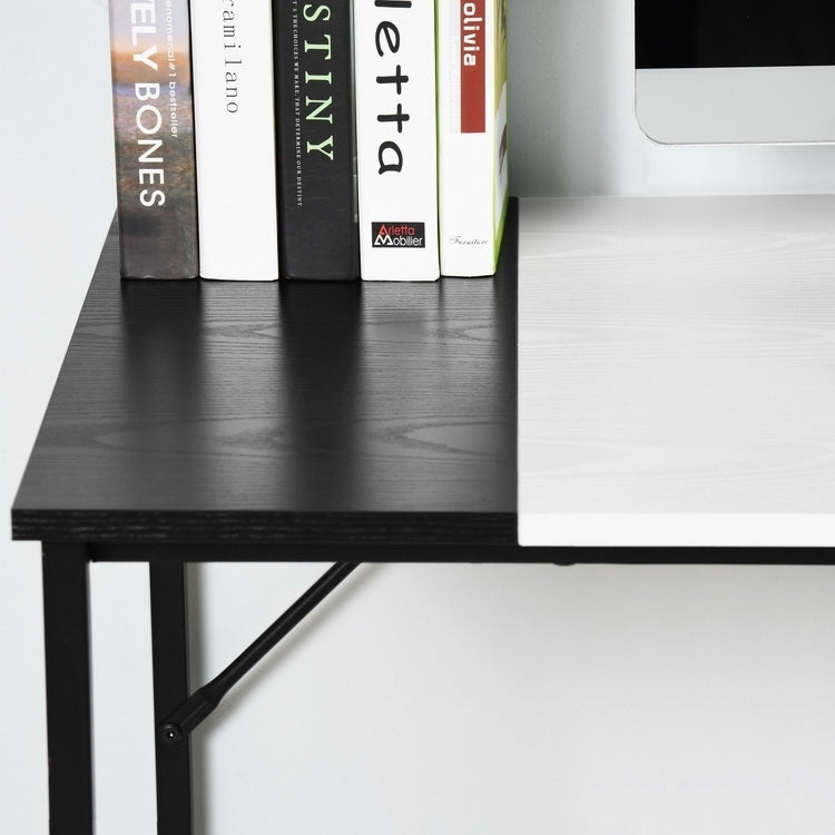 Large White and Black Study Desk with Adjustable Top and Storage Shelves