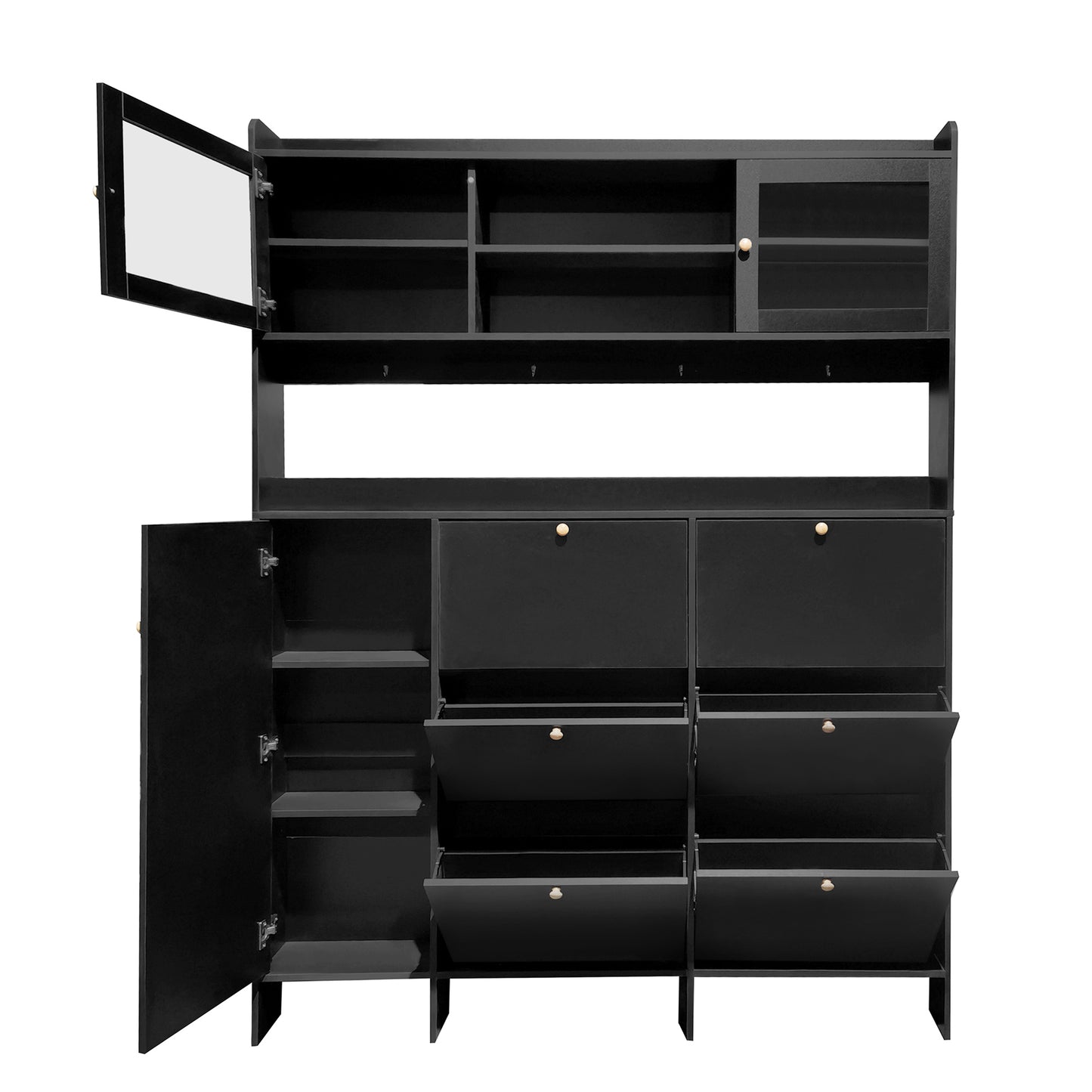 Multifunctional Shoe Cabinet with Storage Shelf & 6 Flip Drawers, Modern Large Hall Tree with Tempered Glass Doors, Elegant Foyer Cabinet with 4 Hooks for Hallway, Black