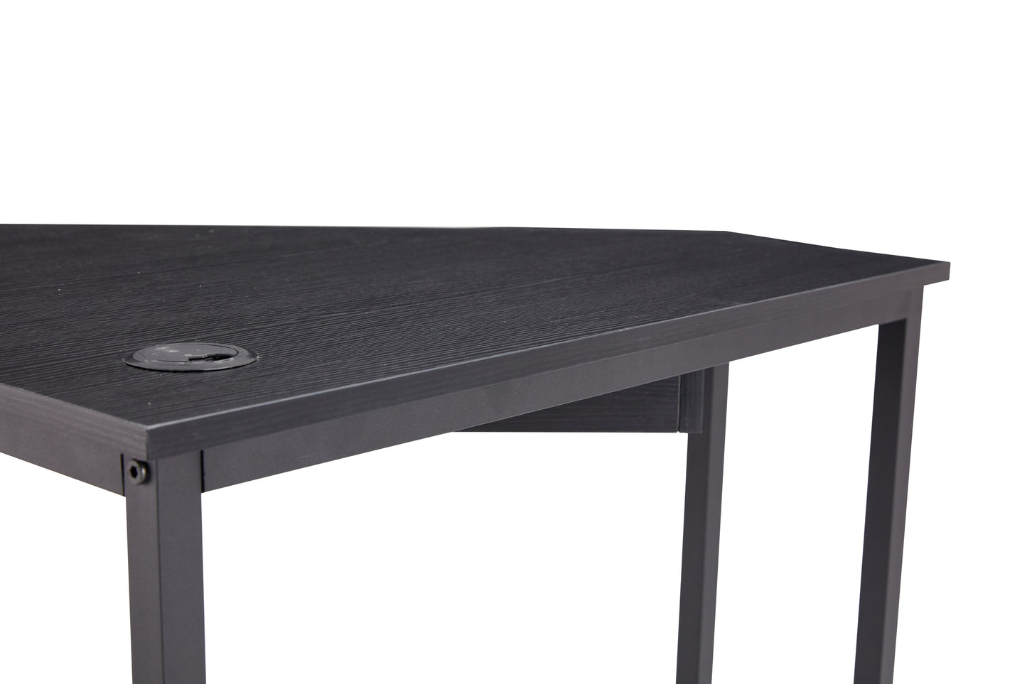 Sleek Black Triangle Desk with Keyboard Tray and Storage Shelves