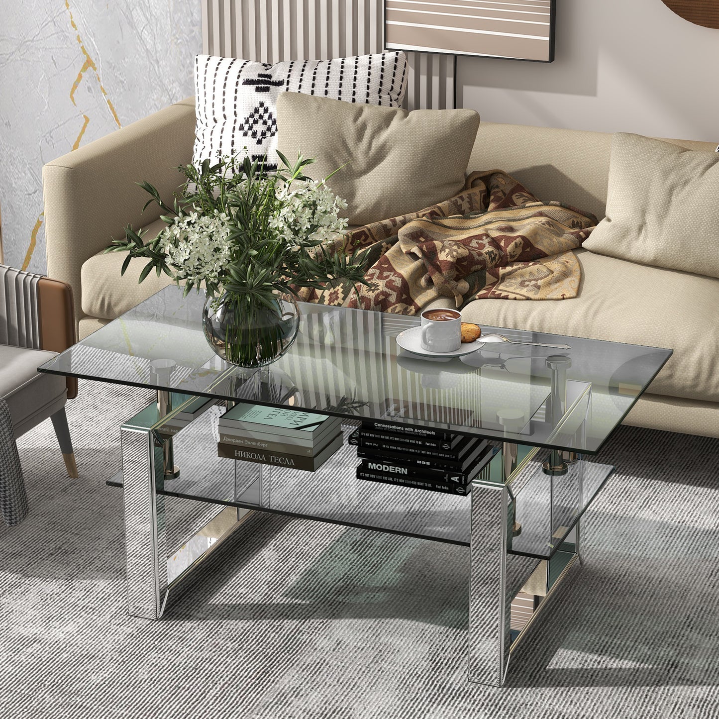 Modern Transparent Tempered Glass Coffee Table with Mirror Design