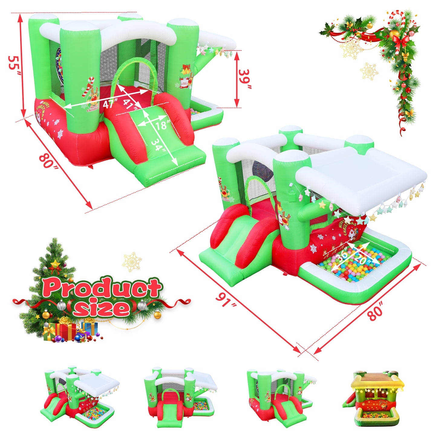 Festive Christmas Inflatable Bouncer with Blower for Kids - Spacious 80 x 91 Play Area - 55 Tall