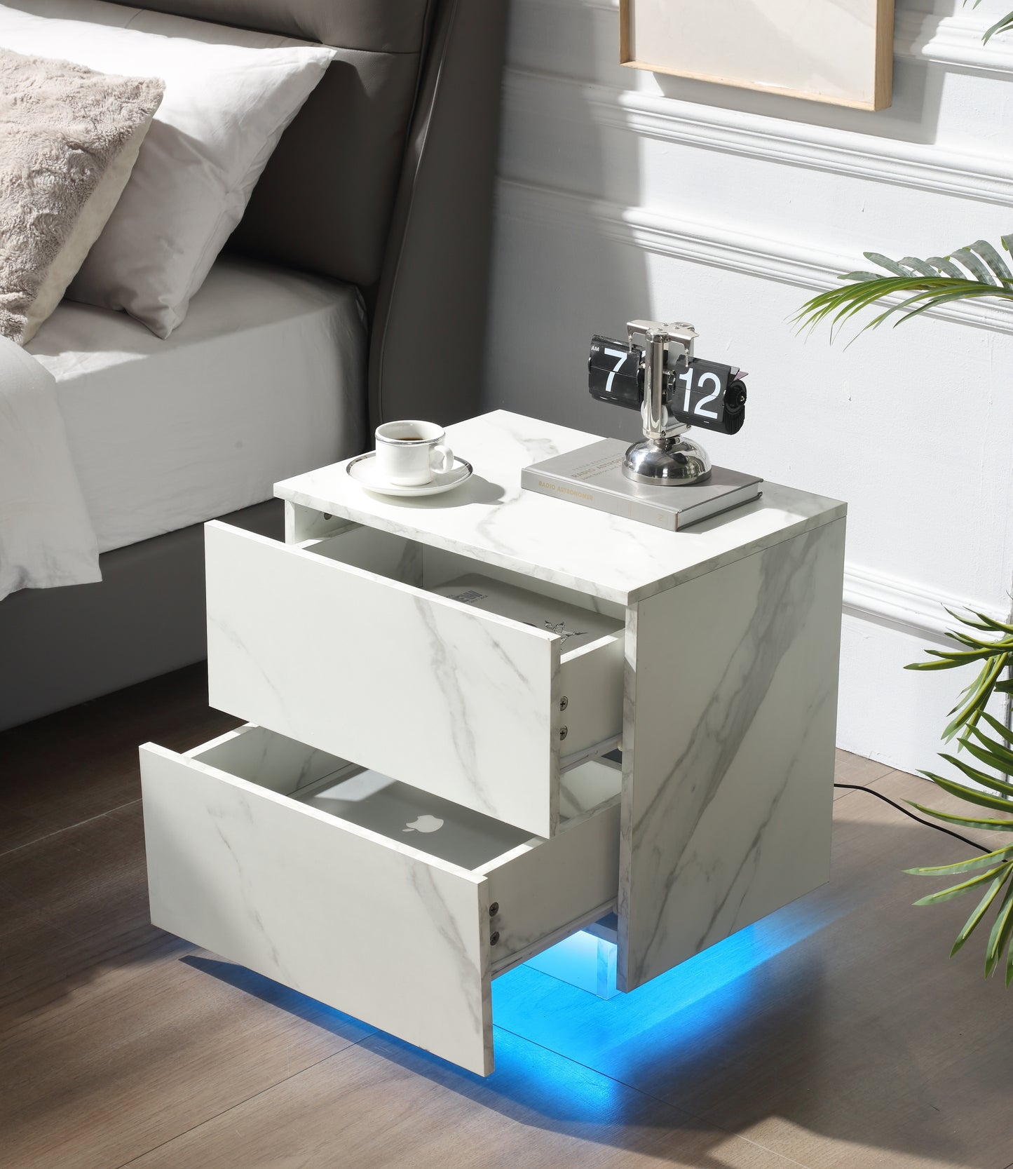 Nightstands LED Side Tables Bedroom Modern End Tables with 2 Drawers for Living Room Bedroom White