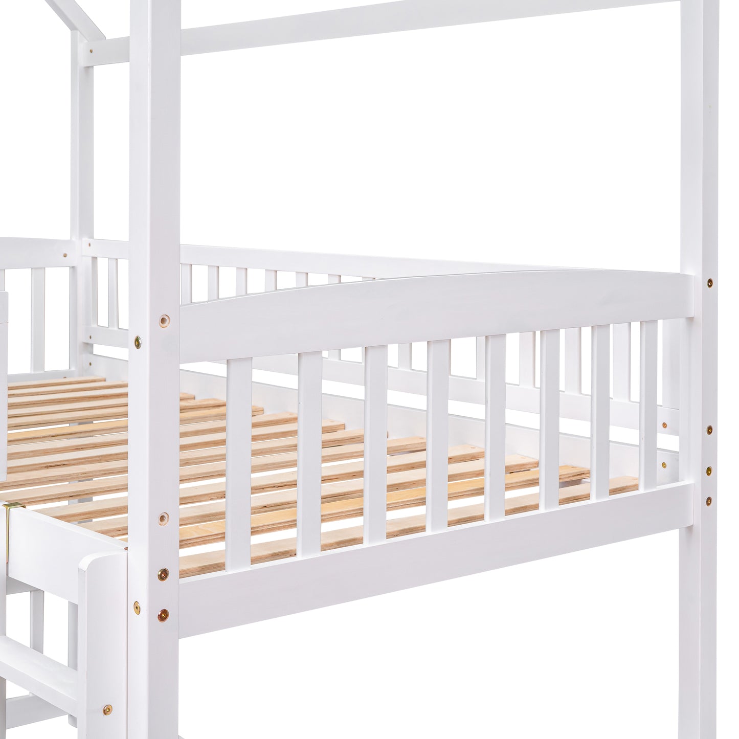 White Twin Over Twin Bunk Bed with Slide and Playhouse