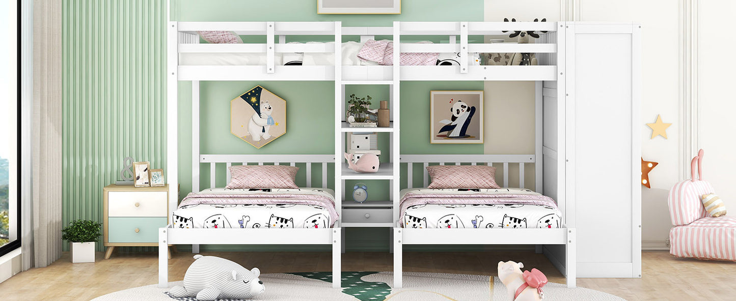 Triple Bunk Bed with Shelves, Wardrobe, and Mirror in White - Space-Saving Family Bunk Bed