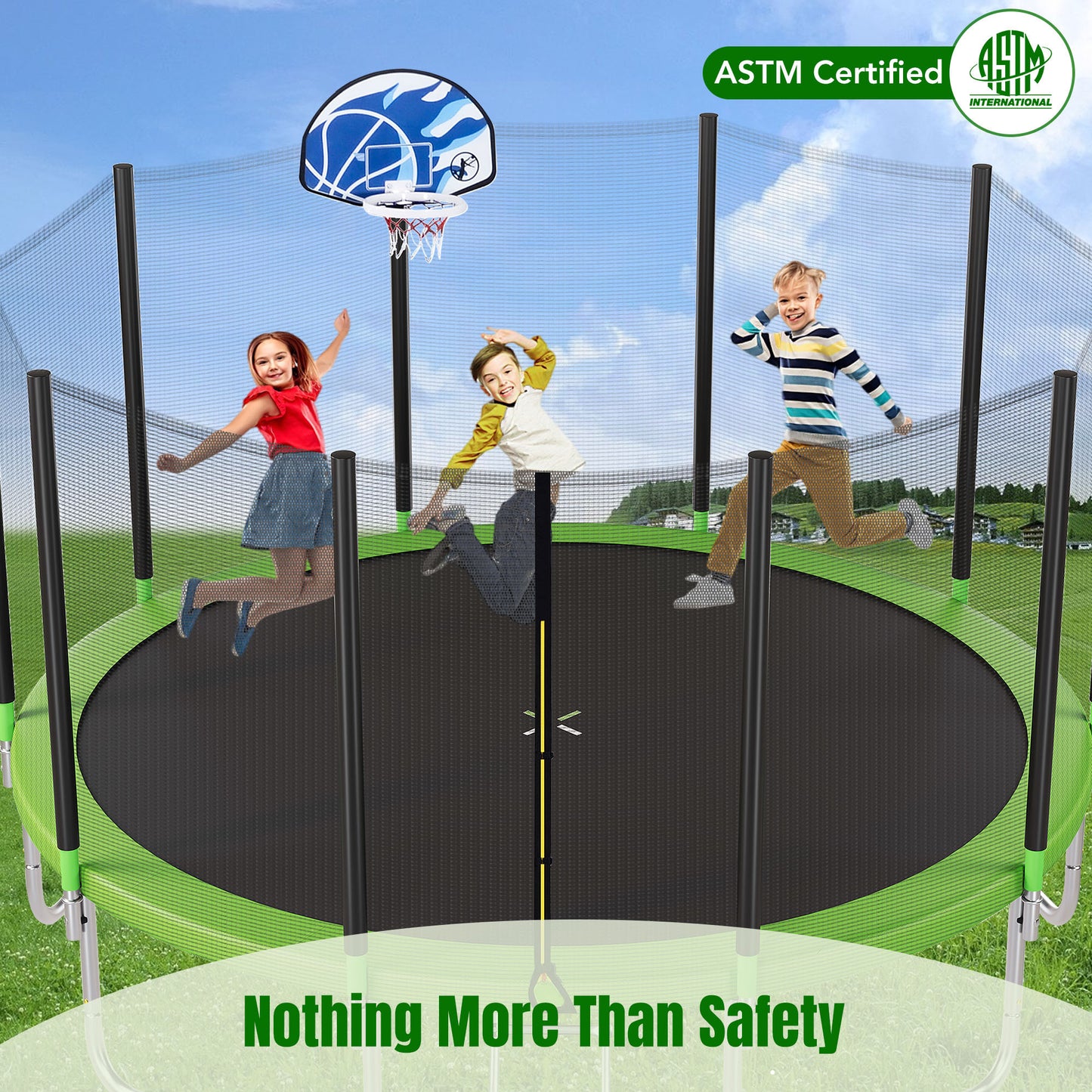 15FT Trampoline for Kids with Safety Enclosure Net, Basketball Hoop and Ladder, Easy Assembly Round Outdoor Recreational Trampoline