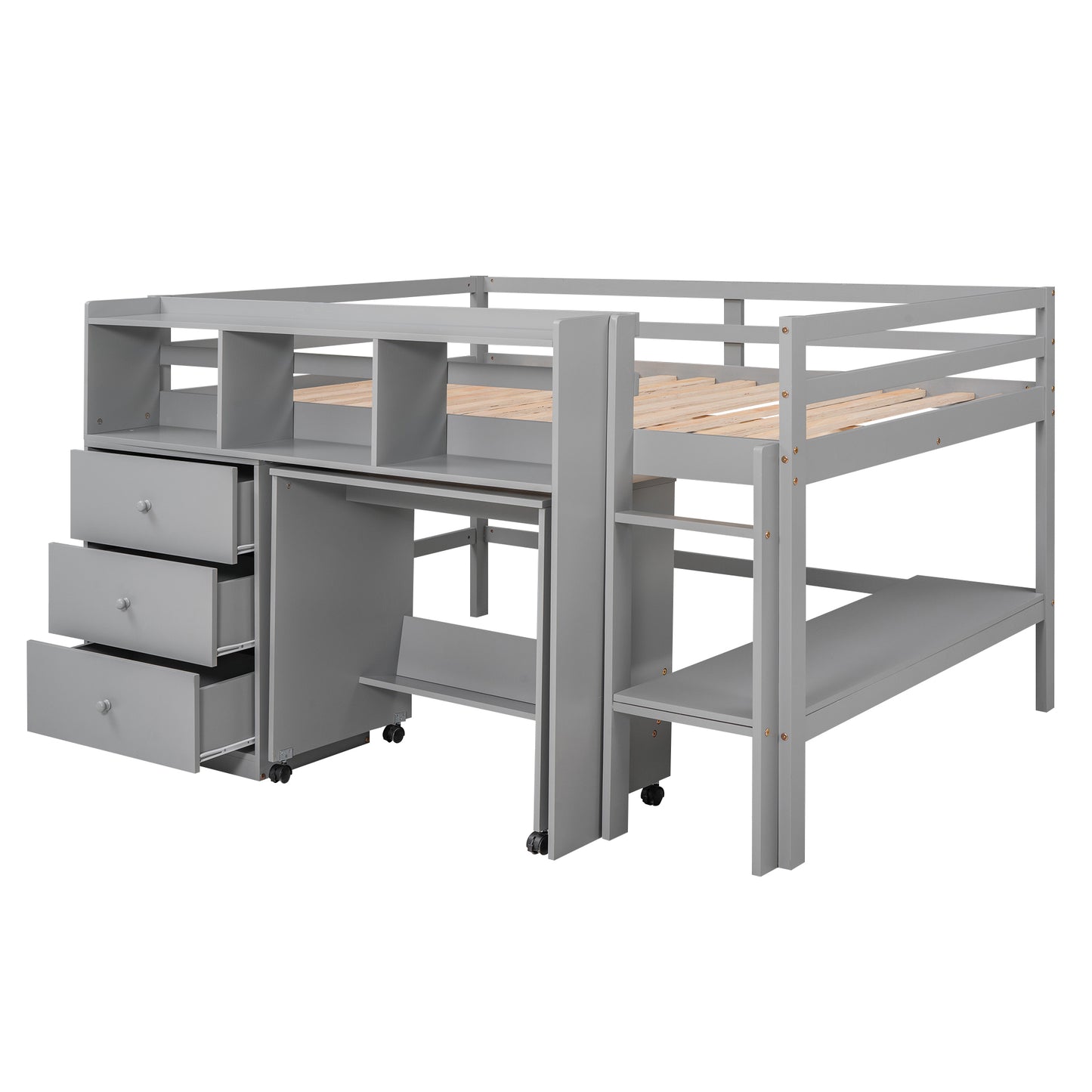 Full Size Low Loft Bed with Rolling Portable Desk, Drawers and Shelves, Gray(: GX000711AAE)