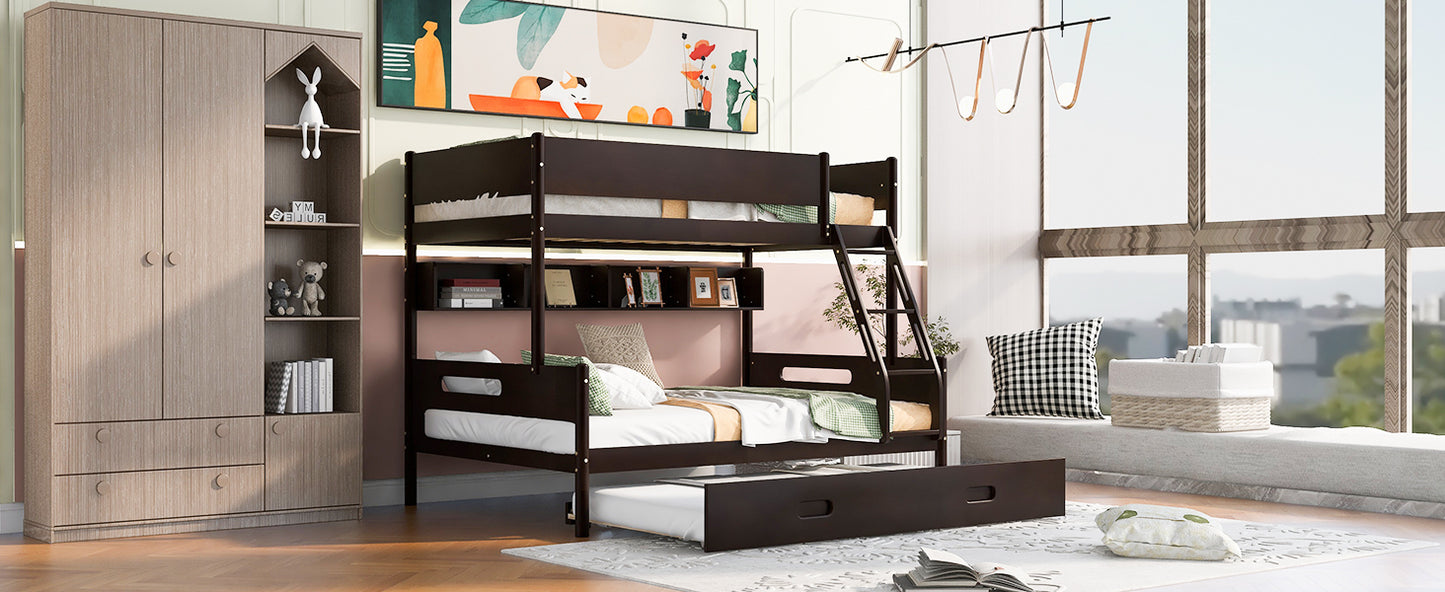 Espresso Wood Bunk Bed with Twin Over Full, Storage Shelves, Trundle, and Sturdy Construction