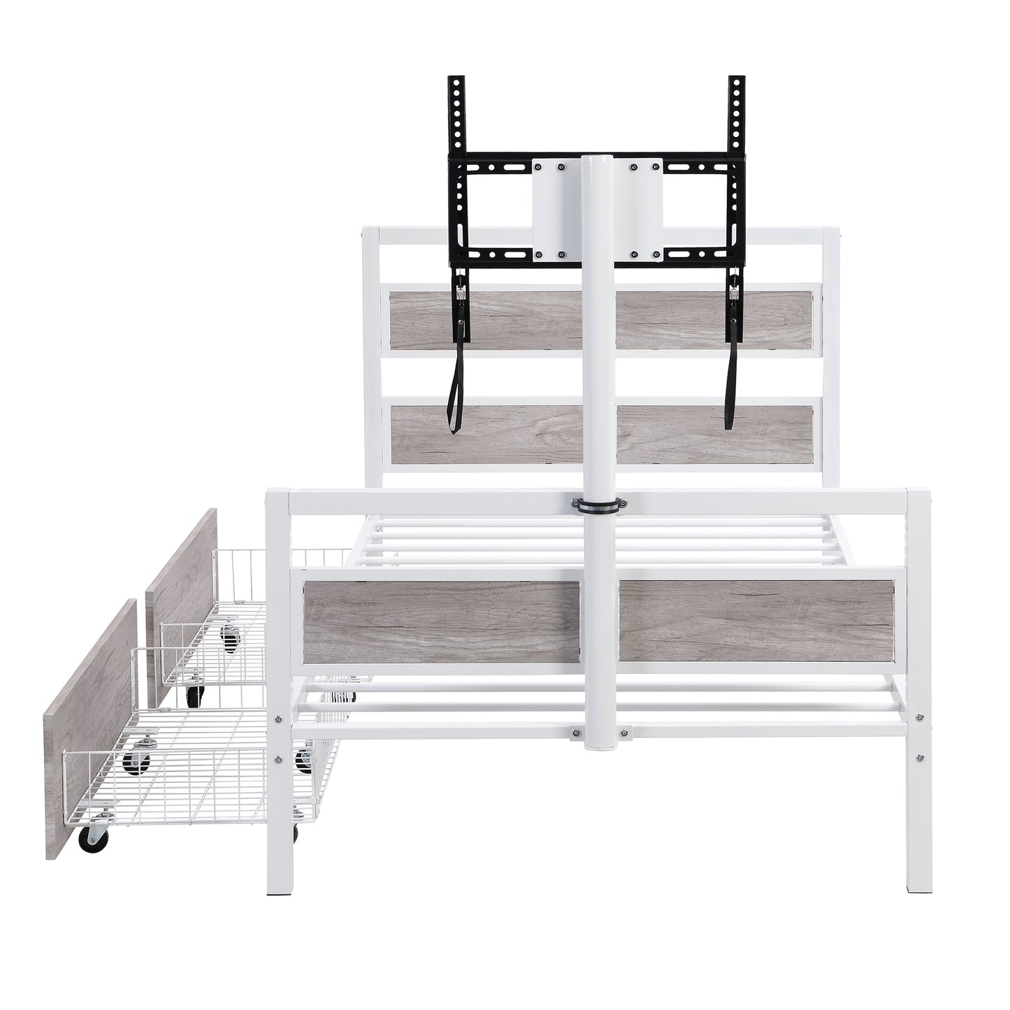 Metal Platform Bed with Rotating TV Stand, Storage Drawers, and MDF Headboard, Twin Size, White