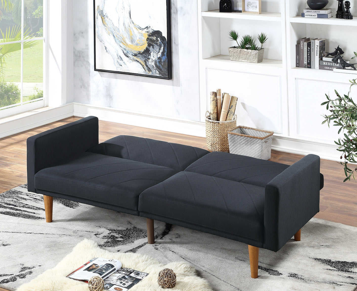 Modern Electric Look 1pc Convertible Sofa Couch Black Linen Like Fabric Cushion Clean Lines Wooden Legs Living Room