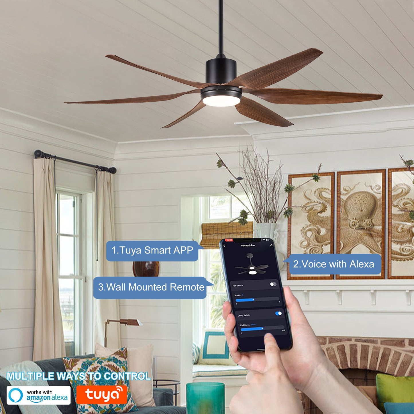 66 Inch Distressed Wood Vintage Ceiling Fan with Integrated LED Lighting and Remote Control