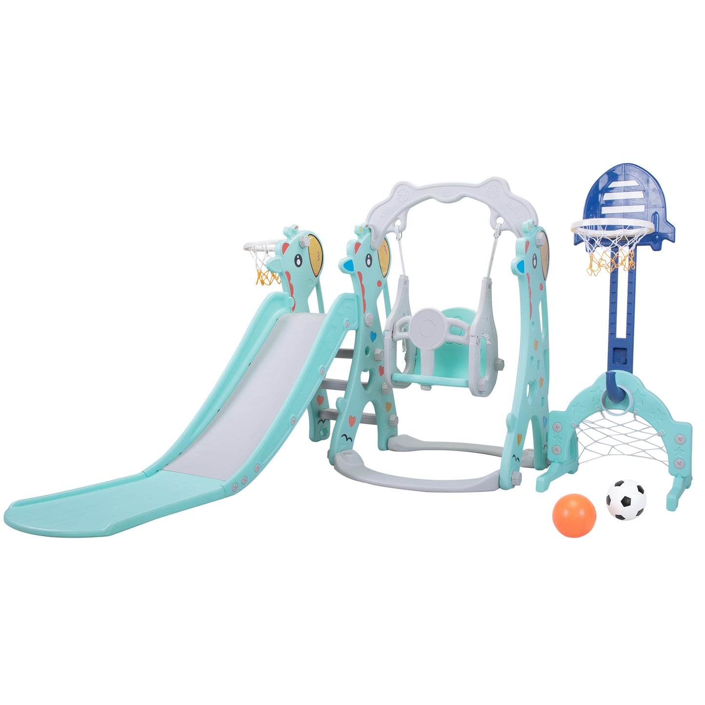 5-in-1 Toddler Slide and Swing Playground Set with Basketball Hoops, Football, and Ringtoss - Indoor and Outdoor Use