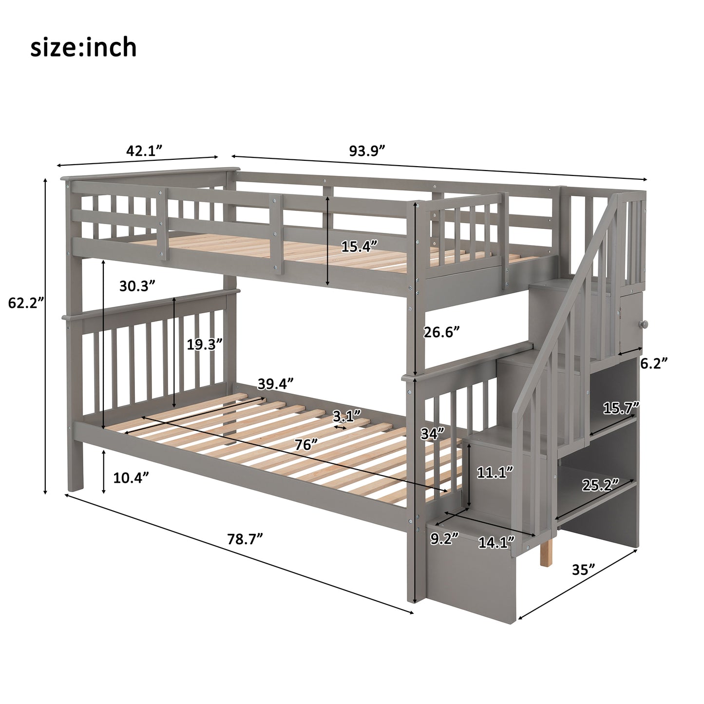 Gray Twin Bunk Bed with Staircase Storage and Guard Rail