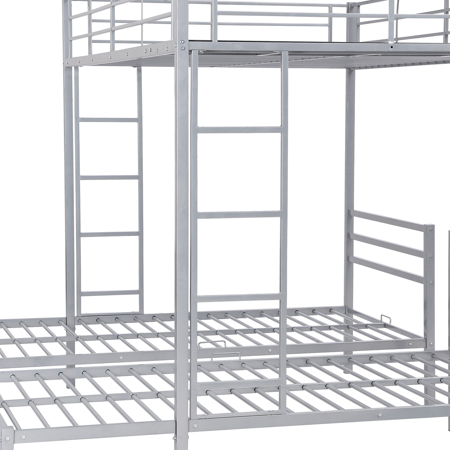 Space-Saving Silver Metal Triple Bunk Bed with Storage Shelf - Full over Twin & Twin Size