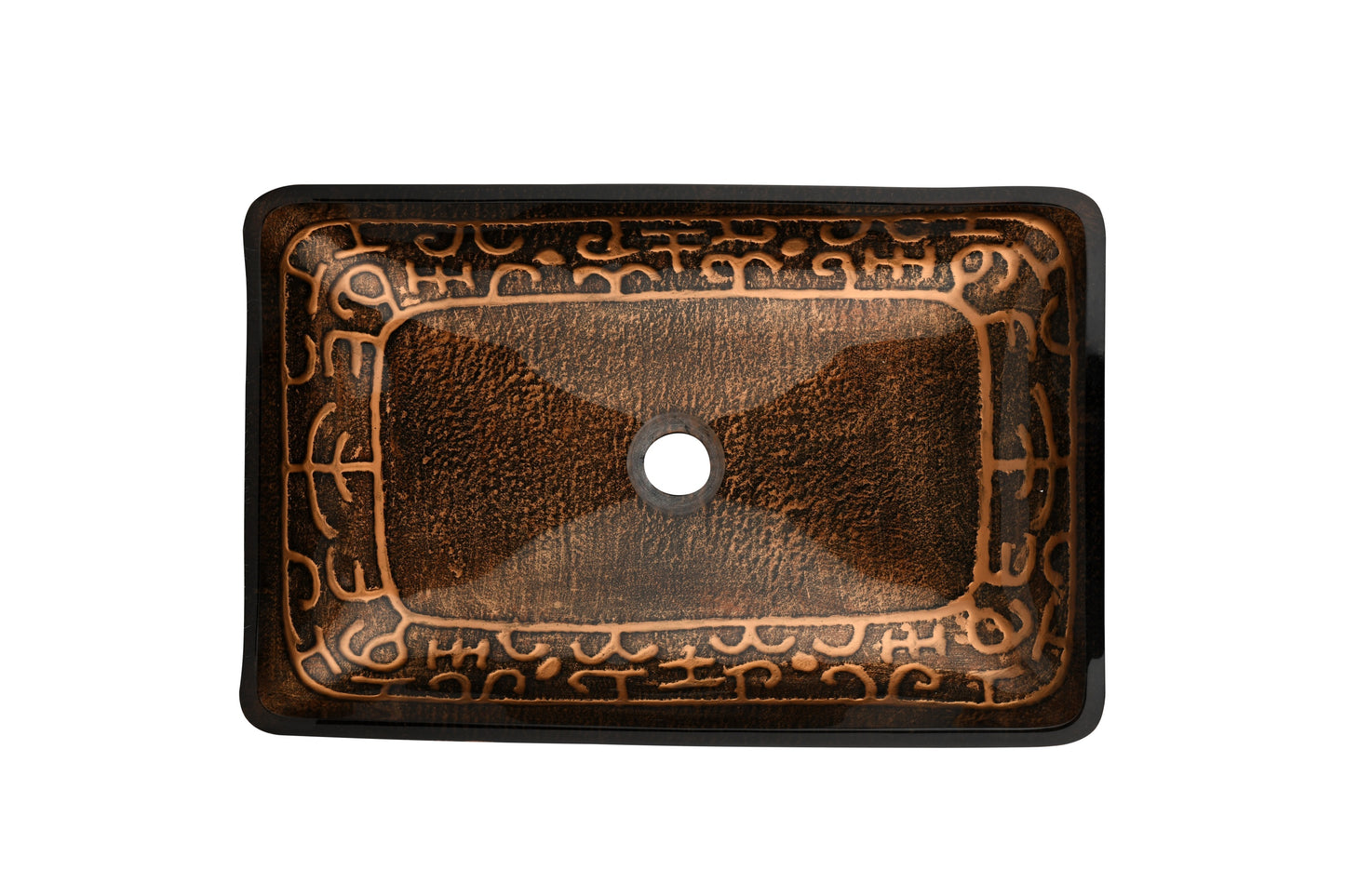 Brown and Gold Fusion Handmade Glass Rectangle Vessel Bathroom Sink with Matte Black Faucet and Drain