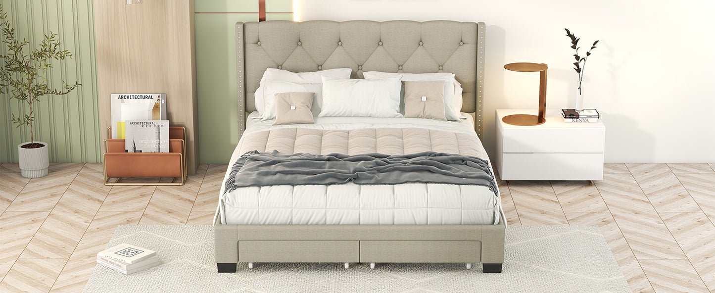 Queen Size Storage Bed Linen Upholstered Platform Bed with Two Drawers - Beige