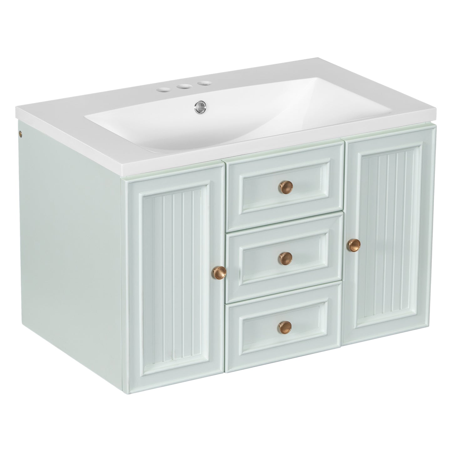 30" Wall Mounted Bathroom Vanity with Sink Combo, Functional Drawer, Solid Wood & MDF Board & Ceramic, Green