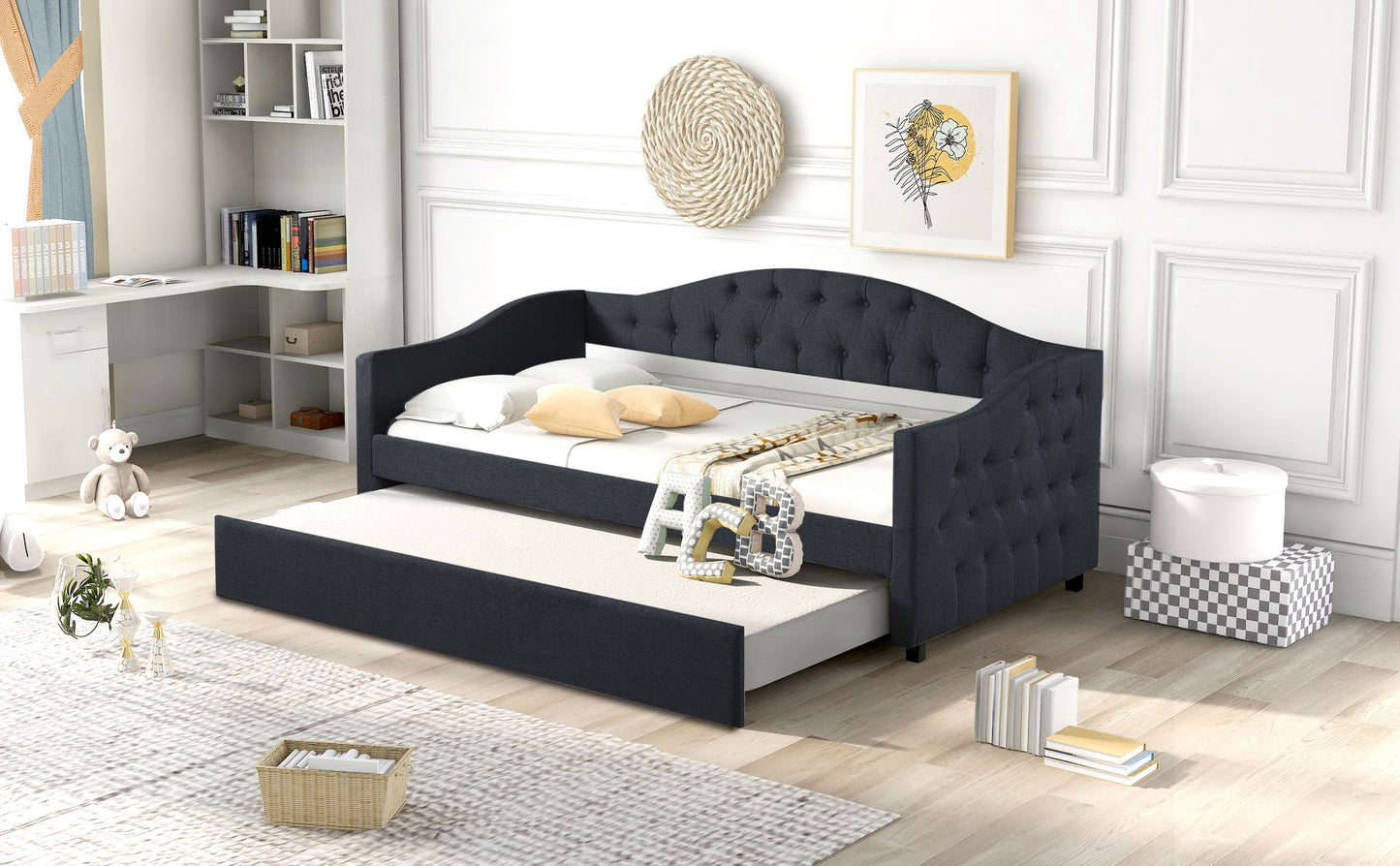 Upholstered Twin Size Daybed with Trundle, Dark Gray