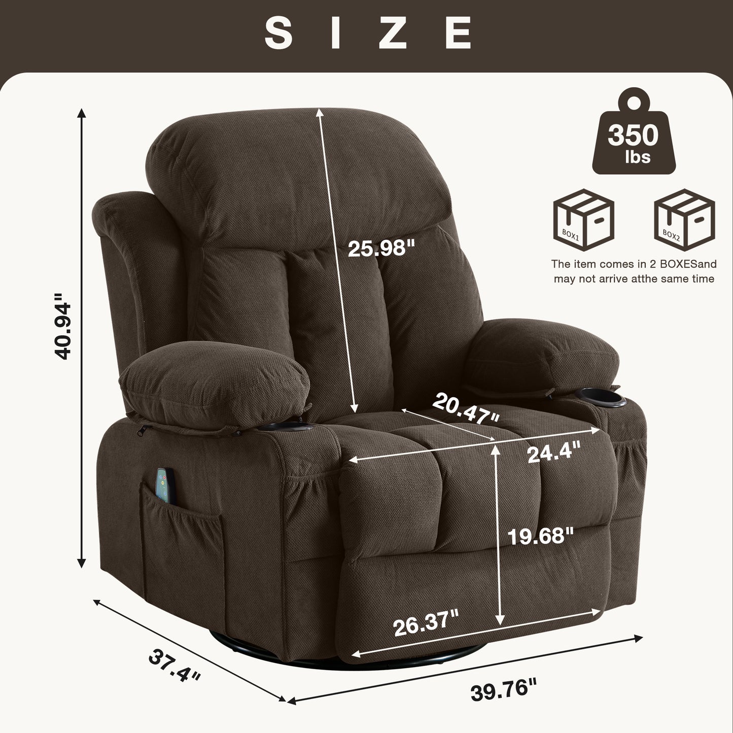 Luxurious Brown Swivel Massage Heated Recliner with USB and Cup Holders