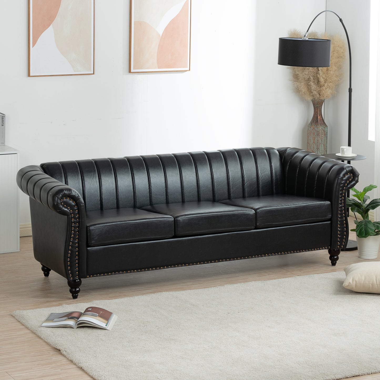 Elegant Black PU Rolled Arm Chesterfield Three-Seater Sofa, 83.46