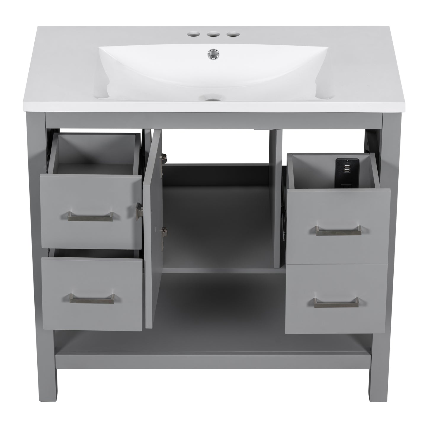 36" Gray Modern Bathroom Vanity with USB,Two Shallow Drawers, One Deep Drawer,One door,Single Resin Sink,Small Bathroom Organization Cabinet