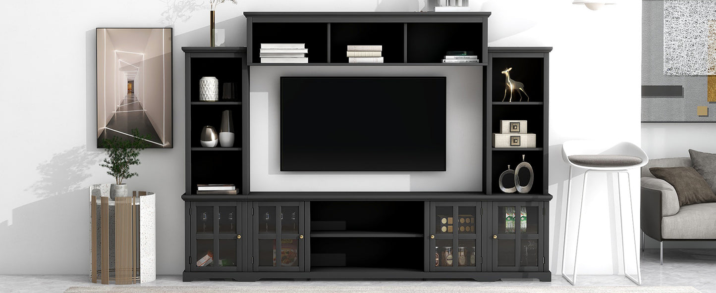 Sleek Entertainment Wall Unit with Bridge and Tempered Glass Door, Modern TV Console for TVs Up To 70