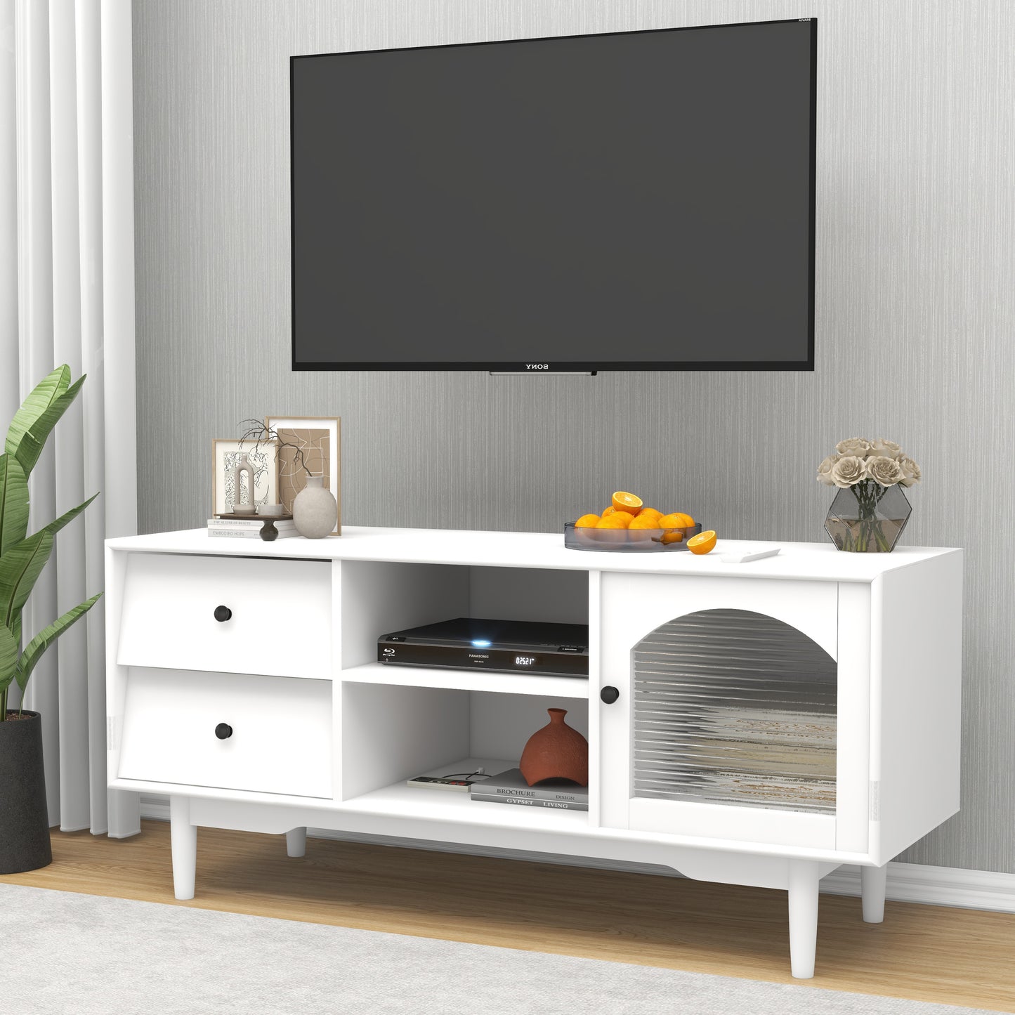 White TV Stand with Drawers, Shelves, and Glass Cabinet for Living Room Storage