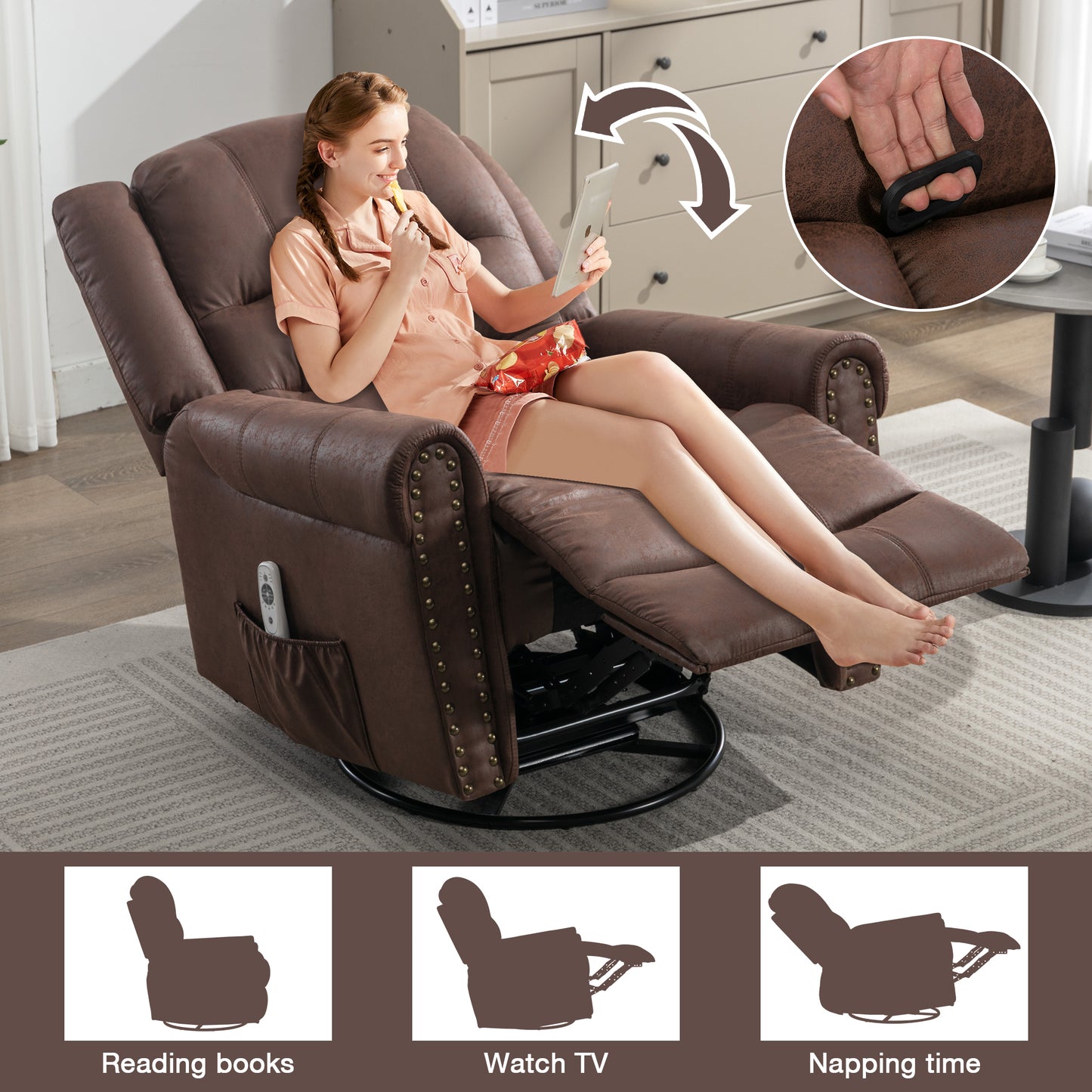 Brown Rocking Recliner Chair with Massage and USB Charge Port